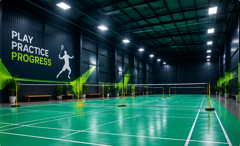SmashSpot hall with green courts and Play Practice Progress wall